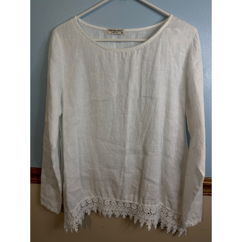 Terzo Millennio White 100% Linen Crochet Lace Trim Blouse Made in Italy Size M
